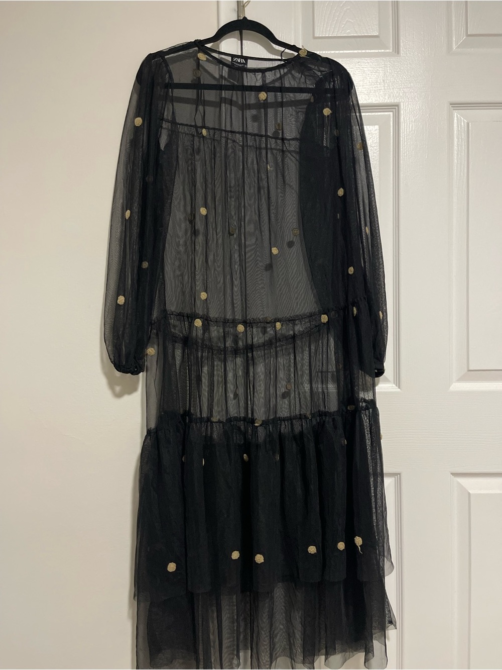 Zara Black Sheer Tiered Dress with Gold Polka Details